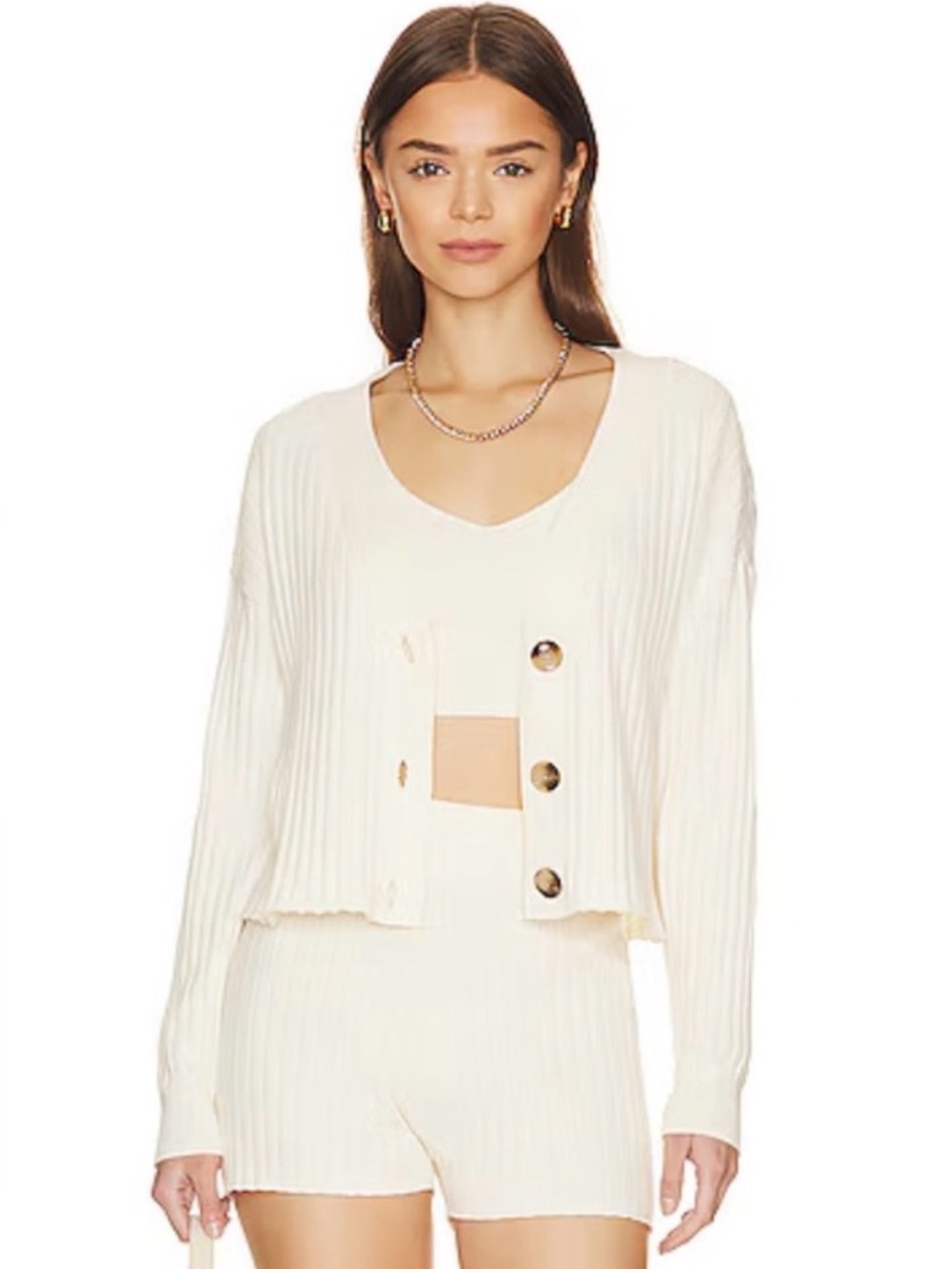 Eberjey 3piece set knit cardigan, cropped tank, and shorts.